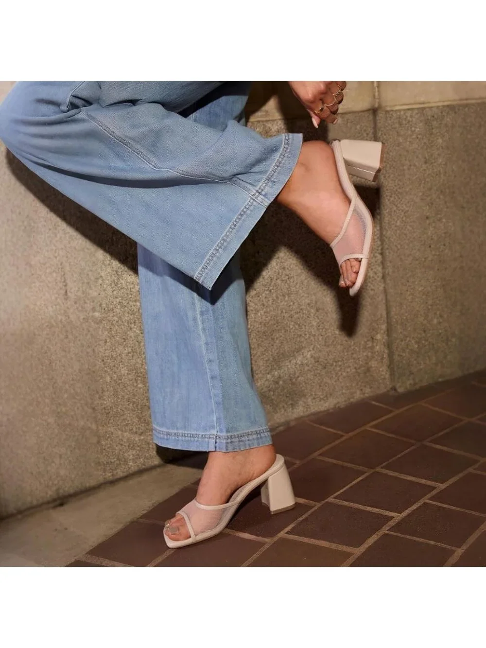 Women's Nude Mesh Summer Square Open Toe Mules Chunky Stylish Heeled Sandals